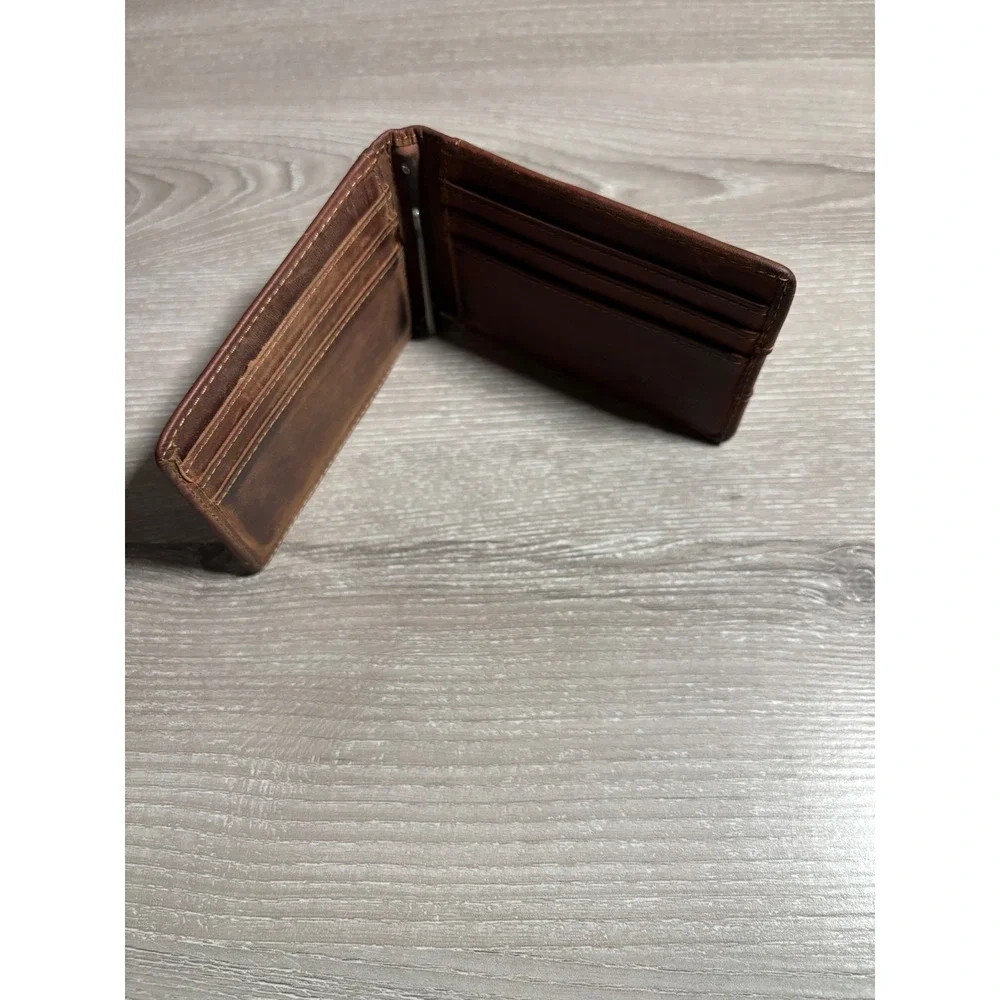 Kinzd Mens Brown Leather Bifold Money Clip Wallet with ID Window Minimalist